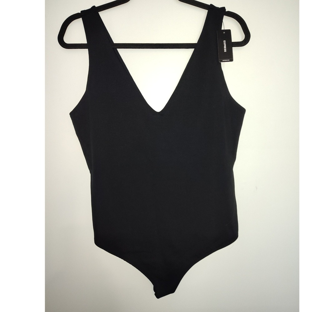 Express Body Contour Cotton Blend Compression V-Neck Bodysuit Black Large NWT